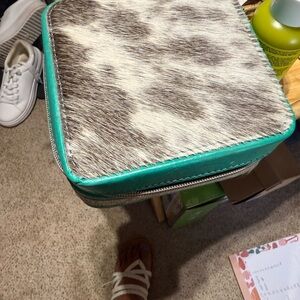 Cowhide and Teal Square Bag jewelry organizer 000584
